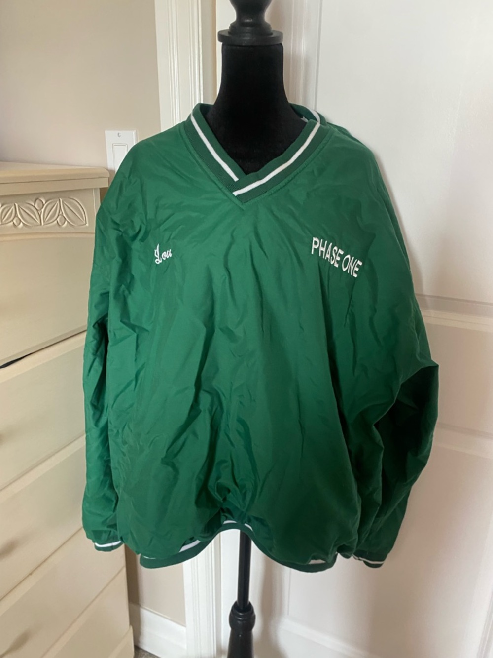 VINTAGE 80s/90s Green Varsity Windbreaker Pullover | Letterman Style | Size XL